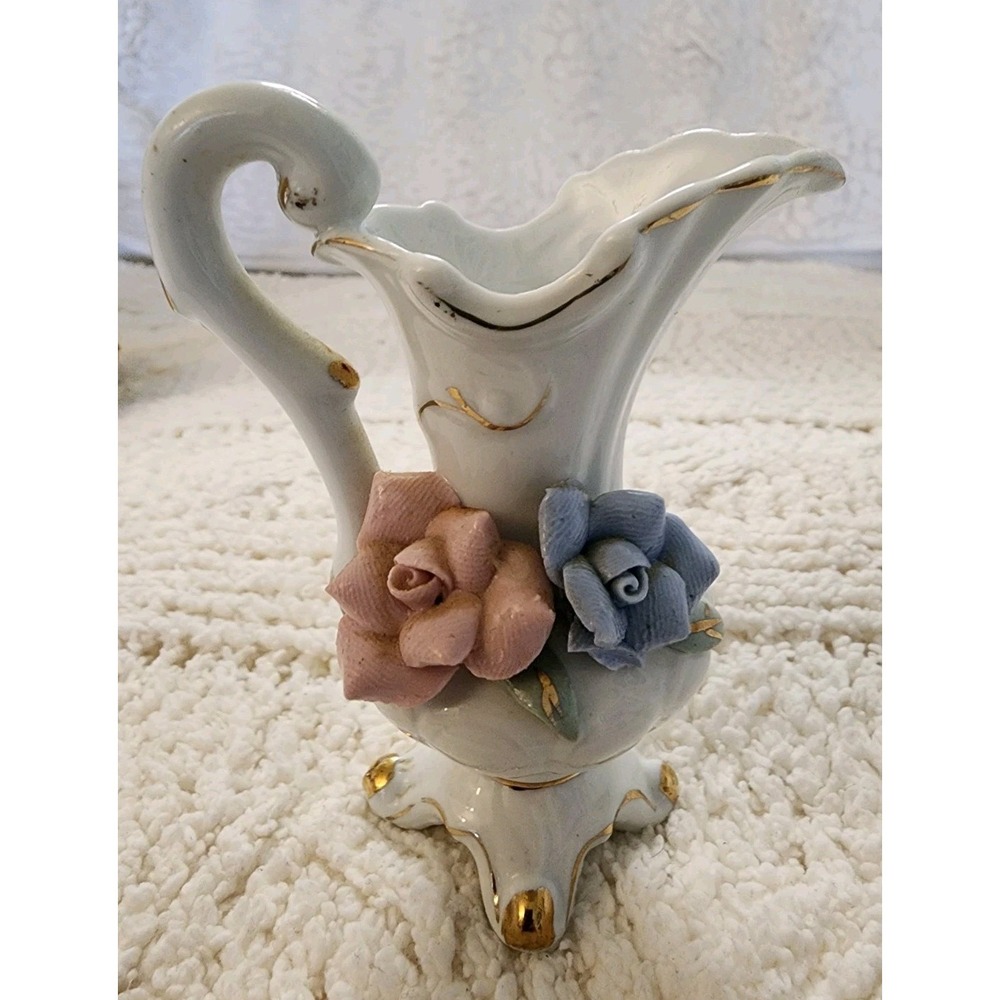 Vintage Mini Porcelain Pitcher Vase Applied Pink Blue‎ Roses Gold Trim Made...